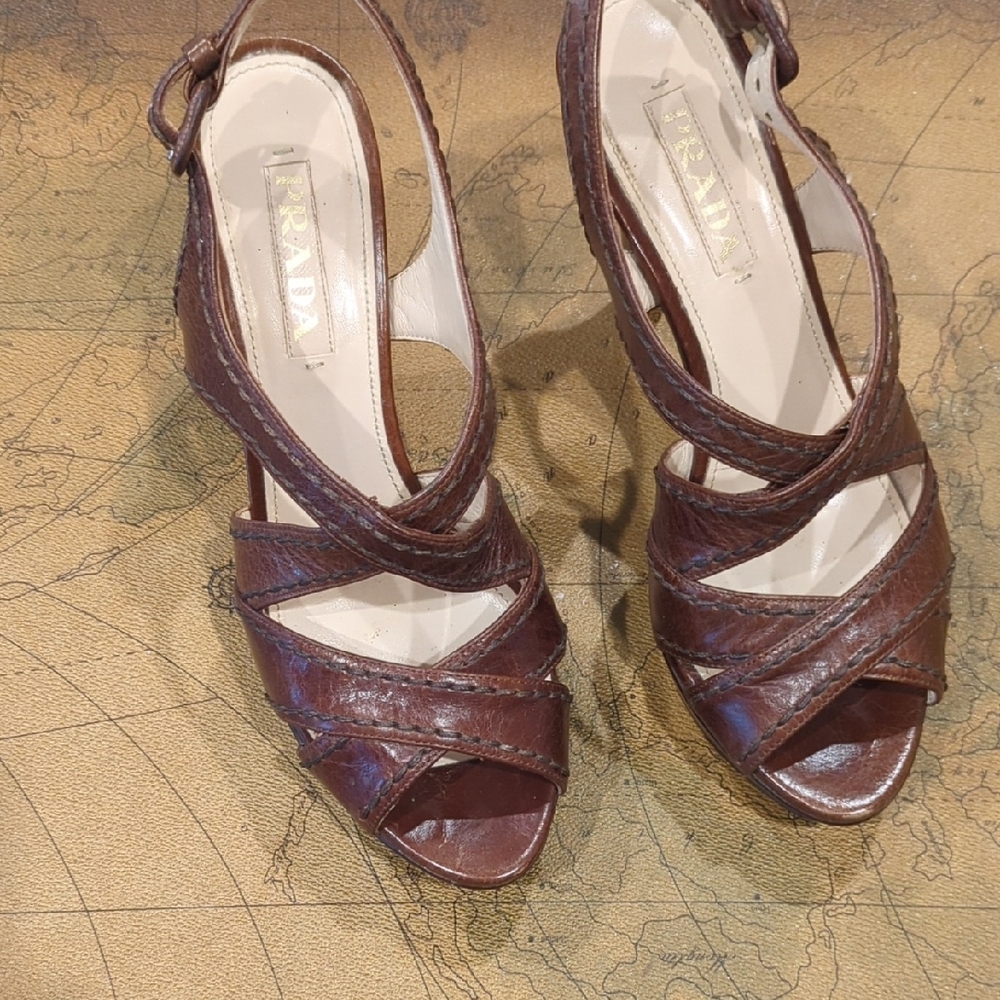 Prada Women's Brown Leather Slingback Heels